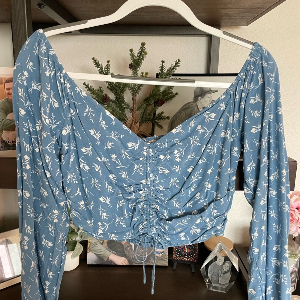 Blue Floral Ruched Women's Top